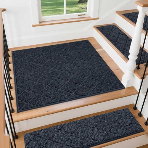COSY HOMEER Stair Landing Rugs Non-Slip Corner Indoor 30"x30" | Edging Stair Treads for Wooden Steps,Washable Soft Stair Landing Mat for Kids,Elders,Dogs,Polyester,TPE Backing,Navy - color: Navy, size: 30 X 30 Inches (1 Piece)