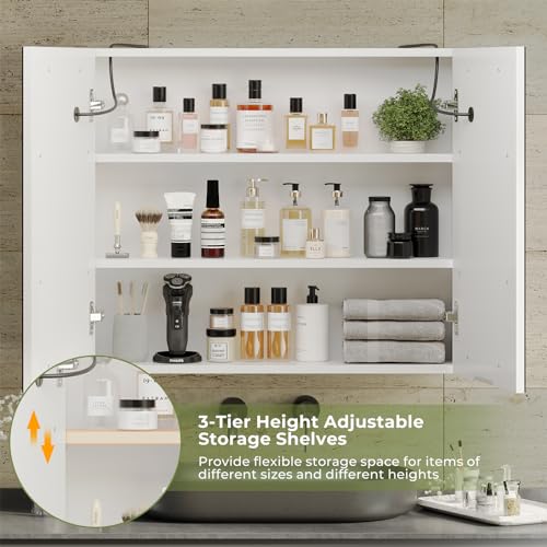 DICTAC Bathroom Medicine Cabinet with Mirrors and Led Lights 27.6x23.62 inch Double Doors Wall Mounted Mirror Cabinet with Storage Organizer Lighted Medicine Cabinets with Adjustable Shelves,White - size: 27.6x23.62 inch