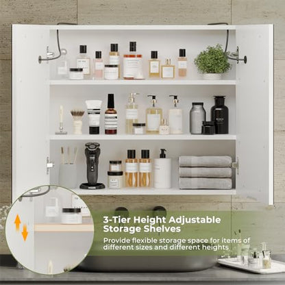 DICTAC Bathroom Medicine Cabinet with Mirrors and Led Lights 27.6x23.62 inch Double Doors Wall Mounted Mirror Cabinet with Storage Organizer Lighted Medicine Cabinets with Adjustable Shelves,White - size: 27.6x23.62 inch