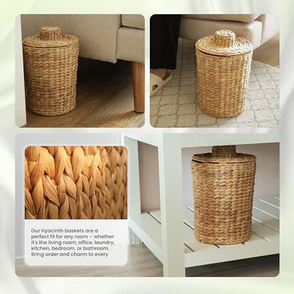 Tidita Water Hyacinth Bathroom Garbage Can with a Lid, 2 Gallon Capacity | Water Hyacinth, Iron Frame, Removable Liner, Compact, Handwoven Design, Boho Style, Kitchen, Bedroom, Office, No Assembly - color: Natural, size: 2 Gallons