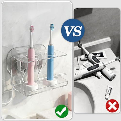 Electric Toothbrush Holder Wall Mounted,Acrylic Tooth Brush Holder for Bathroom, Electric Toothbrush Organizer with Cable Organizer for Shower,Clear