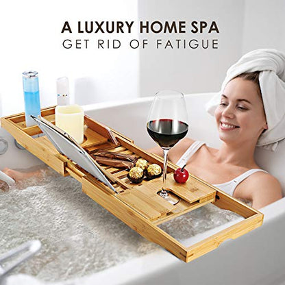 Moclever Bathtub Caddy Trays - Premium Bamboo Bath Trays with Extending Sides, Reading Rack, Tablet Holder, Cell Phone Tray and Luxury Wine Glass Holder - Natural Bamboo Color