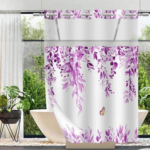No Hook Shower Curtain and Liner Set, Purple Eucalyptus 71x84 | Floral Design, with Snap in Liner, See-Through Top Window, Waterproof, Machine Washable, Quick-Drying, for Hotel Bathroom - color: Purple, size: 71"W x 84"L (Pack of 1)