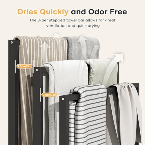 Freestanding Towel Rack, 3 Tier Wide Bamboo Stand with Shelf for Bathroom | 31.5"W × 9.4"D × 39.4"H • Black • Waterproof • Blanket rack • Blanket holder • Ventilated • Bottom shelf • Anti-tip - color: Black