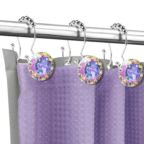 Sunlit Luxury Design Round Diamond Crystal Gem Bling with Glide Balls Double Shower Curtain Hooks, Rainbow Colorful Rust Proof Metal Rhinestones Mermaid Shower Curtain Rings for Girls-12 Pack - color: Crystal Ab With Double Hooks