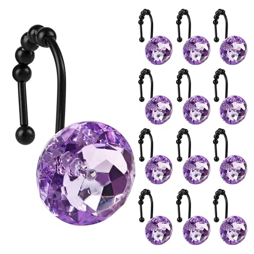 Sunlit Luxury Design Round Purple Diamond Crystal Gem Bling with Glide Balls Shower Curtain Hooks, Rust Proof Metal Rhinestones Glam Shower Curtain Rings with Black Hooks, Set of 12 - color: Purple With Black Hooks