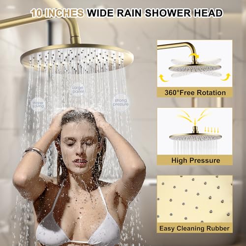 Brushed Gold Exposed Shower System with 2 Modes HandHeld,3 Functions Tub Shower Faucet Sets with Brass Valve, Shower Fixture with 10 Inches Rainfull Shower Head,Shower Height Adjustable - color: B- Brushed Gold with Round Shower Head