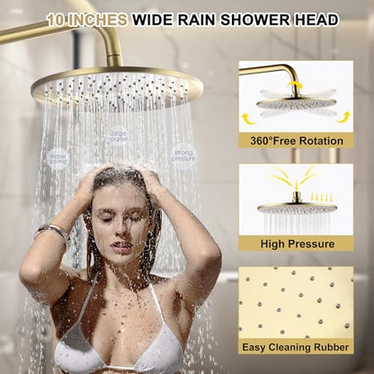 Brushed Gold Exposed Shower System with 2 Modes HandHeld,3 Functions Tub Shower Faucet Sets with Brass Valve, Shower Fixture with 10 Inches Rainfull Shower Head,Shower Height Adjustable - color: B- Brushed Gold with Round Shower Head