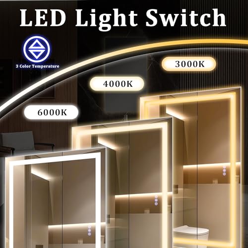 55"x 30" LED Bathroom Mirror Backlit & Front Lit Lighted Vanity Mirror with Lights for Wall, 3 Color Dimmable, Anti-Fog, Adjustable Brightness, Shatterproof Tempered Glass