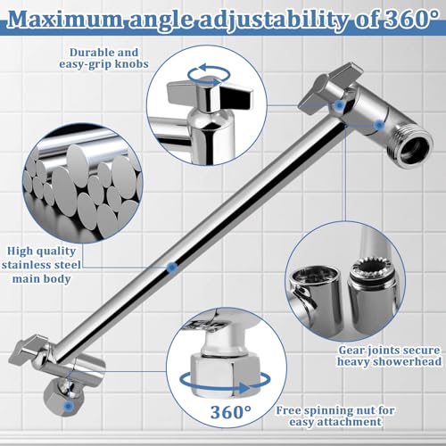 Rain Shower Head Extension 12 Inch Adjustable Rain Shower Head Extension Arm Stainless Steel Shower Head Holder G1/2 Universal Connector Compatible (Chrome Finish) - color: Chrome Finish