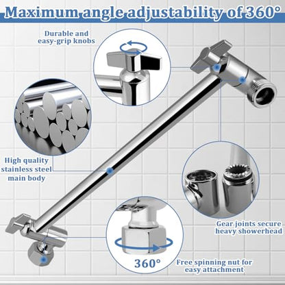 Rain Shower Head Extension 12 Inch Adjustable Rain Shower Head Extension Arm Stainless Steel Shower Head Holder G1/2 Universal Connector Compatible (Chrome Finish) - color: Chrome Finish