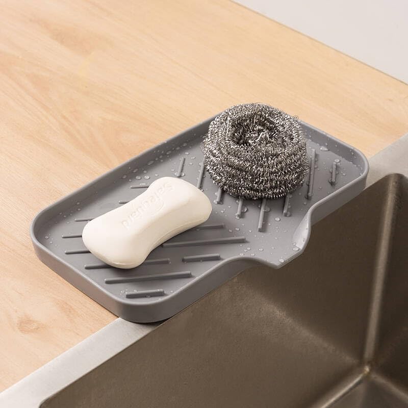 1pc Countertop Sink Scrubber Drain Pad for Brush Sponge and Soap, Silicone Kitchen Sink Tray, Soap Dish Holder with Drain Tip, Home Kitchen Bathroom Accessory