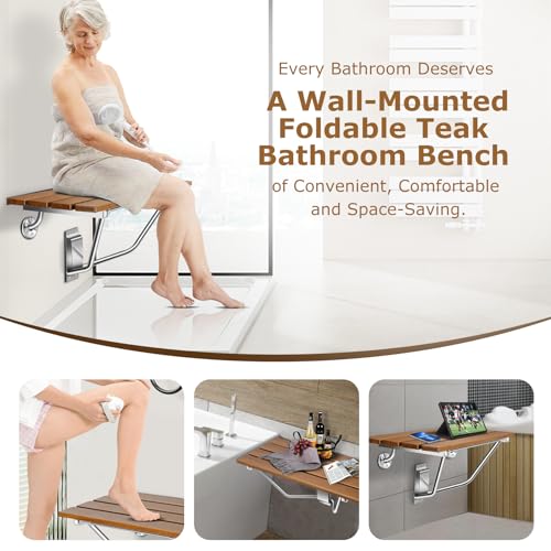 28" Wall Mounted Folding Shower Seat Stainless Steel Frame for Space Saving | Teak Foldable Shower Chair for Elderly, Pregnant, Disabled, Kids (Max 500lb) - size: 28 inches Teak Shower Bench
