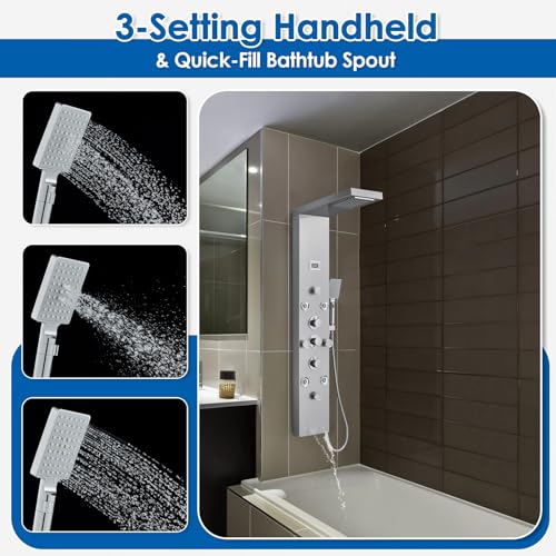 ROVOGO Shower Panel Tower System with 6 Shower Modes, Simultaneous Function | Rainfall Waterfall Shower Head, 2-Type Body Jets, Handheld, Tub Spout, Battery Powered Temp Display, Stainless Steel, Brushed