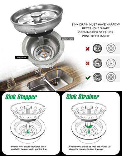 Highcraft 97333 Kitchen Sink Basket Strainer Replacement for Standard Drains (3.25 Inch) Chrome Plated Stainless Steel Body With Rubber Stopper, 3.25" - size: Pack of 1