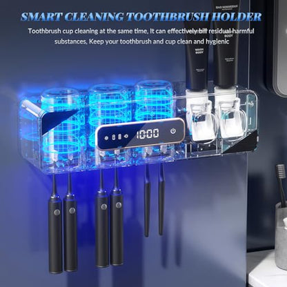 Smart Cleaning Toothbrush Holder, Smart Drying & Cleaning Bathroom Toothbrush Holder with 2 Toothpaste Dispensers, Wall Mounted Organizer for Electric/Manual Toothbrushes with 3 Cups 6 Slots (Gray) - color: Gray