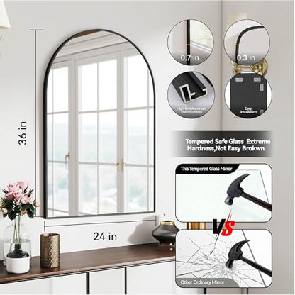 SCWF-GZ 36x24 Arch Mirror Rectangle Full Length Wall Mounted Hanging or Against Wall Metal Aluminium Alloy Frame Dressing Make-up Mirrors for Entryway Bedroom Bathroom Living Room 36 24 inch Black | HD Crystal Clear No distortion Tempered Glass,Make-Up Va
