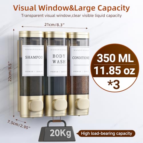 Shampoo and Conditioner Dispenser,Shower Soap Dispenser 3 Chamber No Drill Wall-Mounted for Bathroom & Hotel Leak-Proof Pumps, for Thick Liquids Like Conditioner - 1050ML High Capacity,Gold - color: Gold