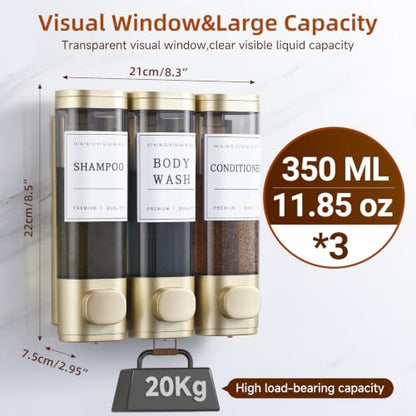 Shampoo and Conditioner Dispenser,Shower Soap Dispenser 3 Chamber No Drill Wall-Mounted for Bathroom & Hotel Leak-Proof Pumps, for Thick Liquids Like Conditioner - 1050ML High Capacity,Gold - color: Gold