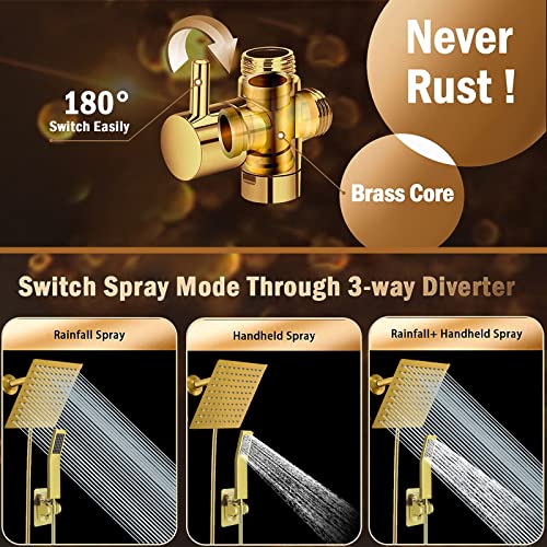 Gold High Pressure Square Rain Shower Head And All Metal Handheld Shower, Equipped With 78"Hose, 3 Way Diverter Valve,Adhesive Shower Head Holder, Luxury Shower Combo - color: Gold, size: 6
