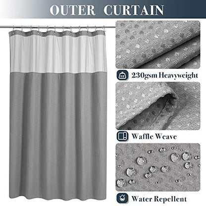 N&Y HOME Extra Long Waffle Shower Curtain with Snap-in Liner Gray, 71x84 | 12 Hooks & Snap on Fabric Liner, Washable, Mesh Window, Hotel Style, 84 inches Length Grey Shower Curtain Set for Bathroom - color: Grey, size: 71"W x 84"L (Pack of 1)
