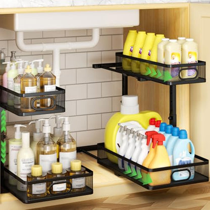 Under Sink Organizer 2-Pack, Metal 2-Tier Pull-Out Cabinet Shelf with Slide-Out Mesh Drawers, Height Adjustable, Space-Saving Under Sink Storage Racks for Kitchen, Bathroom, Laundry Room - color: Black