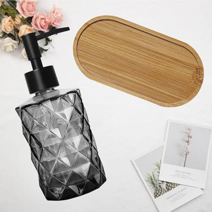 12oz Black Glass Hand and Dish Soap Dispenser Set, Diamond Design, Set of 2 | Bathroom Soap Dispenser with Plastic Pumps, Bamboo Tray for Hand Wash & Dish Wash, for Bathroom Kitchen Countertop - color: Black
