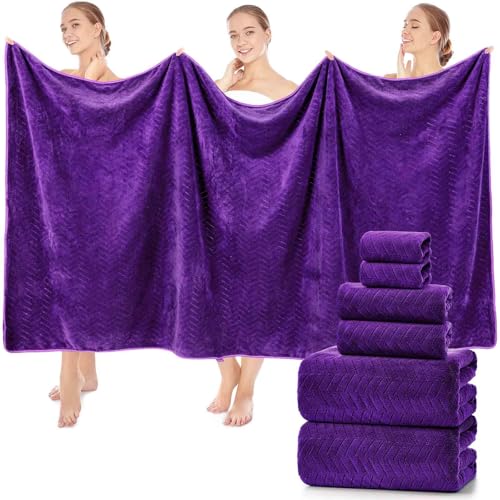 SmoothNovelty Set of 6 Extra Large Bath Towel 40 x 80 Inches Oversized Bath Sheet with 2 Shower Towels 2 Hand Towels 2 Washcloths for Adults Bathroom Spa Gym Quick Dry(Chevron Design,Purple) - color: Purple