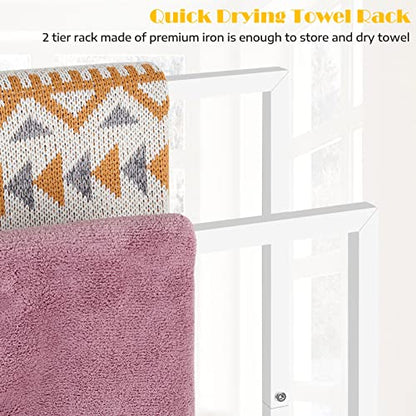 Freestanding Towel Rack 2 Tier Small Metal Towel Holder Stand | for Bathroom Floor Bedroom Laundry Room, White - color: White