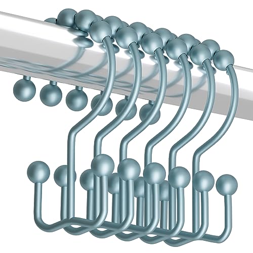 Titanker Shower Curtain Hooks Rings, Rust-Resistant Metal Double Glide Shower Hooks for Bathroom Shower Rods Curtains, Set of 12 Hooks - Lightcyan - color: Lightcyan, style: Modern