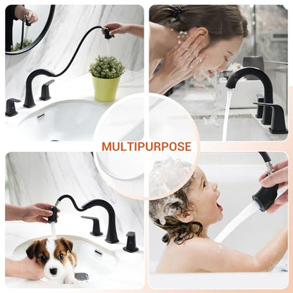Pull Down Bathroom Faucet Black- Matte Black Sink Faucet with Sprayer, Bathroom Pull Out Faucets, 2-Handles Widespread Vanity Faucets 3 Hole 8 Inch 360 Swivel Spout with Pop-up Drain & Lines - color: Black