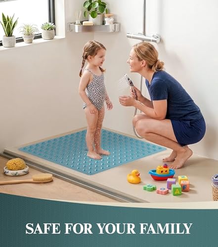 HITSLAM 21x21 Inch Square Shower Mat Non Slip, Anti Slip Bathtub Mat with Strong Suction Cups & Drainage Holes, Machine Washable Bathroom Floor Mat for Inside Shower Stall and Tub, Blue - color: Blue