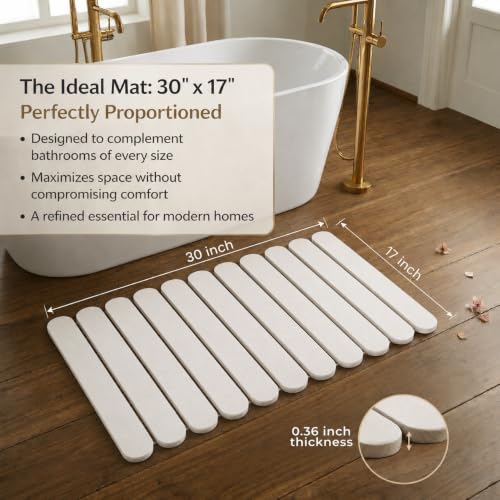 Foldable Stone Bath Mat Large 30" x 17" – Diatomaceous Earth Quick Drying Non-Slip Bathroom Mat – Super Absorbent Diatomite Mat, Durable & Easy to Clean, Modern (White, Large 30" x 17") - color: White