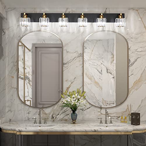 Aipsun Bathroom Light Fixtures Crystal Vanity Light Black and Gold 6 Lights Vanity Lighting Fixtures (Exclude Bulb) - color: Black Gold (Round), size: 49 inch