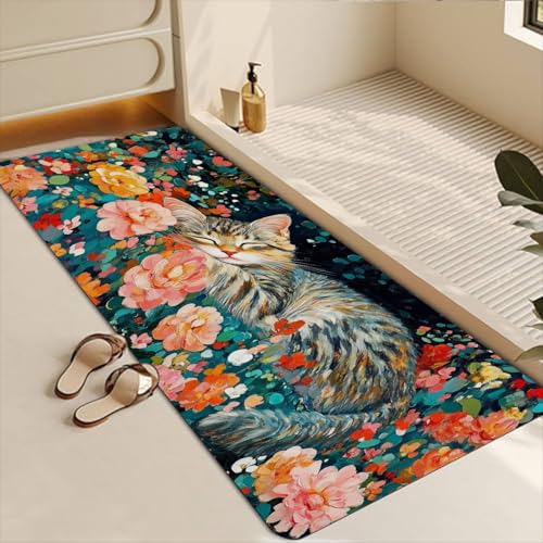 Bathroom Runner Mat Rugs Long,Cute Cat Kitten Pink Flower Design Diatomite Stone Bath Mat Large Absorbent Diatomaceous Earth Mat Non Slip Fast Dry Shower Mat Bathroom Rugs Floor Mat 16x42in - color: Design14
