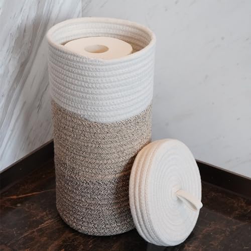 Toilet Paper Holder Handmade – Woven Cotton Toilet Paper Stand & Storage Basket with Lid, Freestanding Organizer for Bathroom, Fits 3 Mega Rolls Gradient Brown 14'' x 7'' - color: Gradient Brown