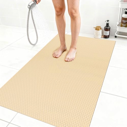 Extra Large Non-Slip Shower Mat, Fast-Dry PVC Bath Stall & Tub Mat, Drain-Hole Design,for Shower Stall Tub for Elderly/Kids，Non Slip Bathroom Safety Accessory，Beige 32"x58" - color: Beige, size: 58" x 32" (Rectangular)
