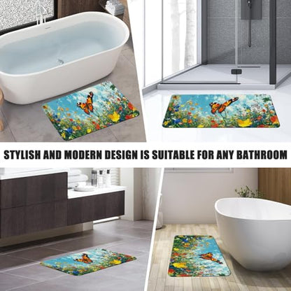 Bathroom Runner Mat Rugs Long,Cat Flower Garden Butterflies 3d beautiful Diatomite Stone Bath Mat Large Absorbent Diatomaceous Earth Mat Non Slip Fast Dry Shower Mat Bathroom Rugs Floor Mat 16x42in - color: Design19