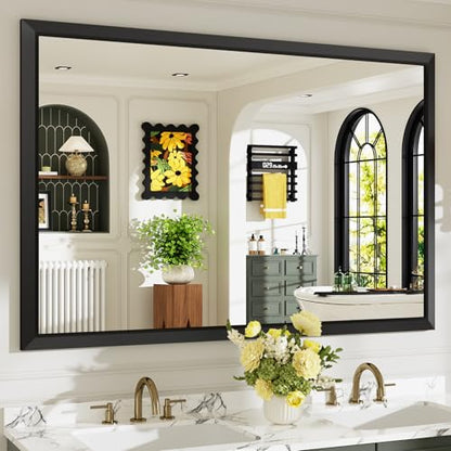 60x40 Inch Black Bathroom Mirror for Wall, Beveled Framed Rectangle Bathroom Vanity Mirrors for Over Sink, Bedroom, Living Room, Entryway, Anti-Rust, HD Tempered Glass, Horizontally/Vertically - size: 60"L x 40"W