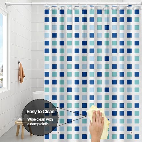 Plastic Shower Liner - Premium PEVA 4G Shower Curtain Liner with Rustproof Grommets and 3 Weighted Magnets, Waterproof Shower Curtains for Bathroom (Blue-Green Square) - color: Blue-green Square, size: 71"W x 71"L (Pack of 1)