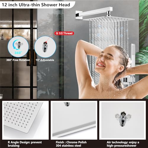 Midanya Shower Faucet Set with Handheld Sprayer,12 Inch,Polish Chrome | Rough-in Shower Valve and Trim Kit Included,Square Rain Head,Wall Mount Shower System,All Metal,Bathroom - color: Chrome, size: 12 Inch