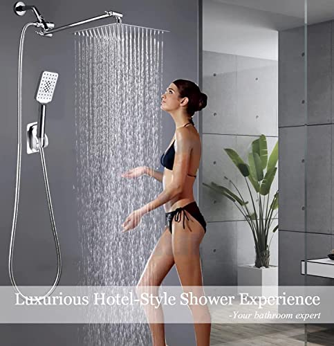 Rain shower heads with Handheld Spray Combo,8''High Pressure Rainfall Shower Head with 9'' Extension Arm,Square Shower head with 3 Setting Handheld Shower head and 78" Hose,Waterfall showerhead - color: Chrome, size: 8'' Showerhead Set
