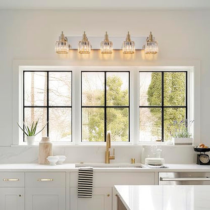 Crystal Bathroom Light Gold Chrome 5-Light Modern Bathroom Vanity Fixtures Over Mirror Square Wall Sconce - color: Gold Chrome-Square Shade, size: 5-Light