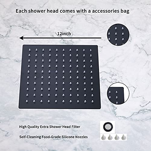 Rain Shower Head Black with Extension Arm 12 Inch Square Shower Head with 16 Inch Shower Arm Large Stainless Steel Rainfall Showerhead Matte Black Waterfall Full Body Coverage by GGStudy - color: Black, size: 12inch