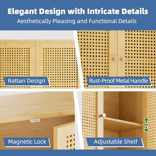 HITNET Rattan Hanging Bathroom Cabinet, Wall Mounted Bamboo Bathroom Cabinet with Double Doors and Adjustable Shelves, Storage Over the Toilet for Kitchen, Living Room, Laundry Room, Natural - color: Natural