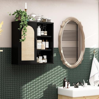 RUSTOWN Boho Rattan Bathroom Wall Cabinet with Sliding Door, Black | Farmhouse Bathroom Cabinet, Adjustable Shelves, Over The Toilet Storage Cabinet, 3-Tier Wall Mounted Cabinets - color: Black