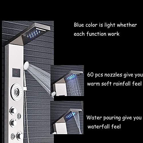 Bathroom Shower Panel Tower System LED Temperature Display Body Jets Shower Set Waterfall Rain Shower Head 6 Functions Temperature Display (Brushed Nickel A) - color: Brushed Nickel a