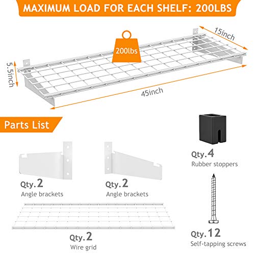 Wallmaster 2-Pack 15x45 Heavy Duty Garage Wall Shelving 45-inch-by-15-inch Wall Mount Garage Storage Rack Floating Shelves Max Load 400lb White - color: White