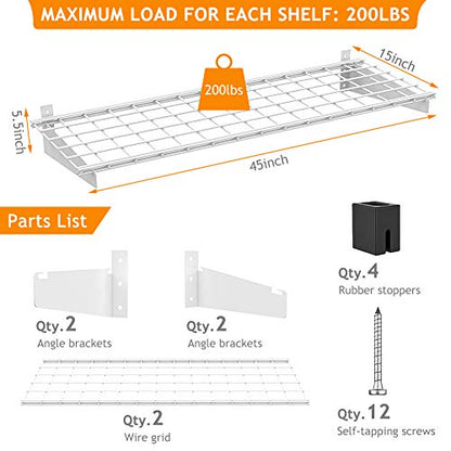 Wallmaster 2-Pack 15x45 Heavy Duty Garage Wall Shelving 45-inch-by-15-inch Wall Mount Garage Storage Rack Floating Shelves Max Load 400lb White - color: White