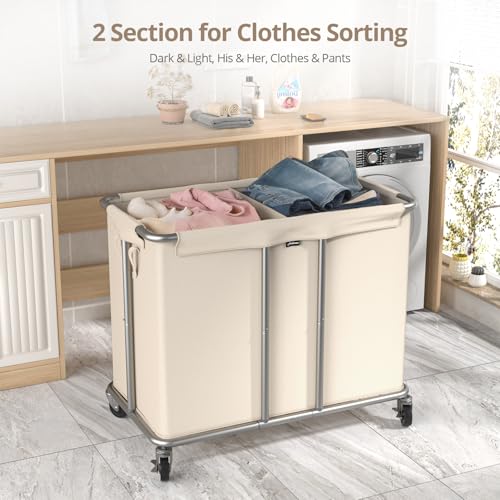 Hodonas Rolling Laundry Hamper 2-Section, Beige, 31.5"Lx15.75W"x30.7"H | 230L(61Gal) Storage Capacity, with Metal Structure, Removable Liner, and Silent Casters, Sturdy Clothes Hamper for Home